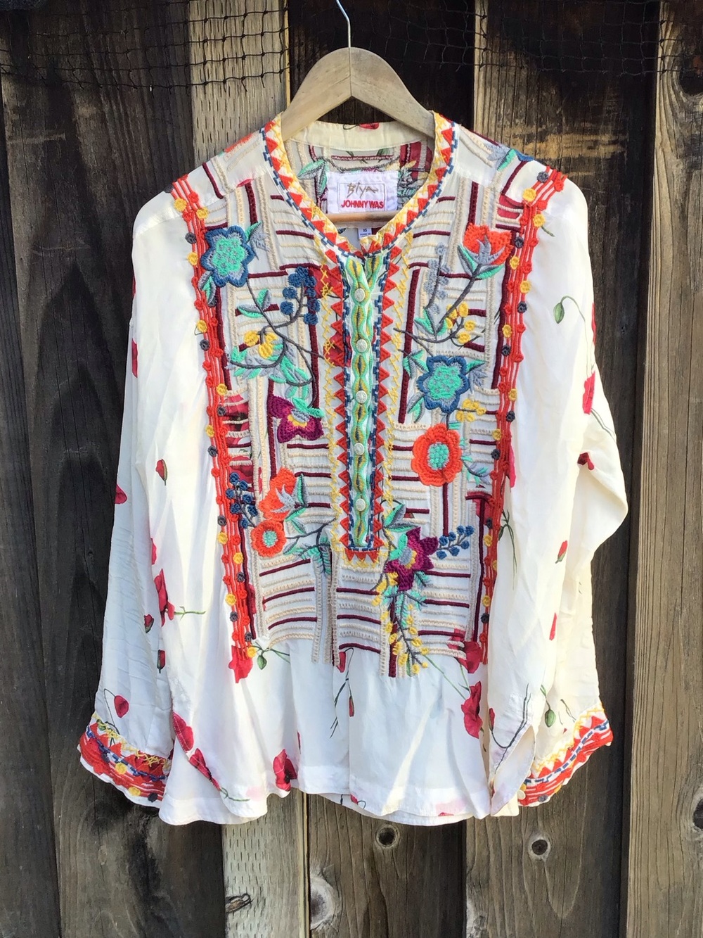 Johnny Was Biya Silk Embroidered Floral Blouse Boho Peasant Top XS